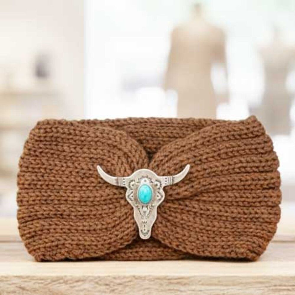 Ladies Brown Bull Head Knitted Winter Headband - Picture 2 of 6